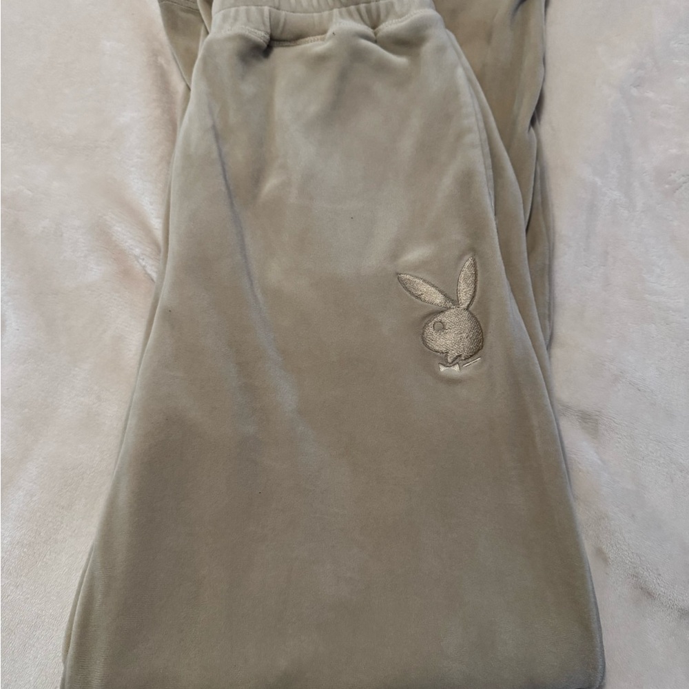 PLAYBOY Velour Lounge Pants in beige with Embroidered Bunny
